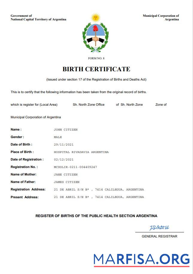 Blank Argentina birth certificate Word and PDF template